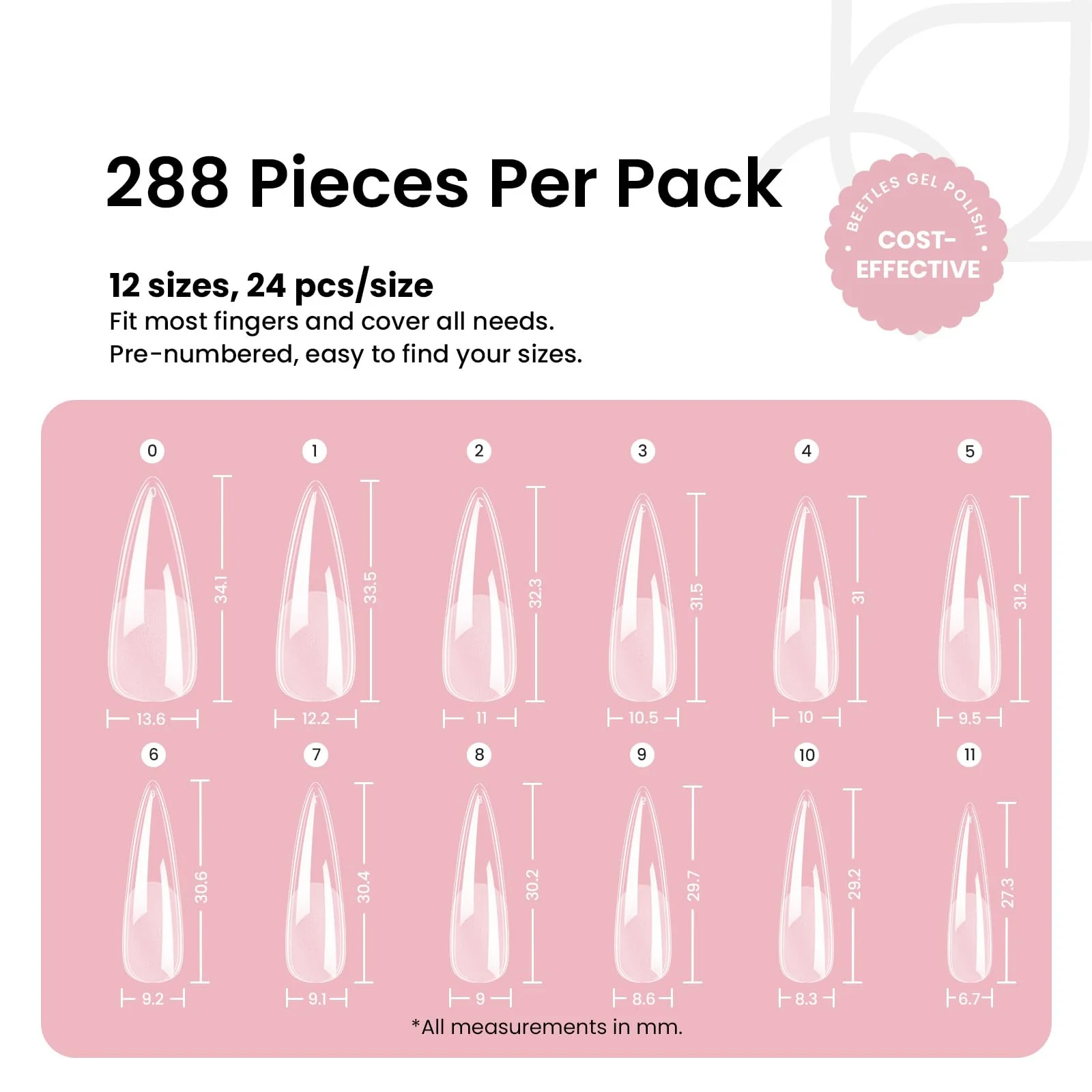 Beetles 12 Sizes Gel Nail Tips  MediumStiletto  Gel Nail Tips 288Pcs - Image 3