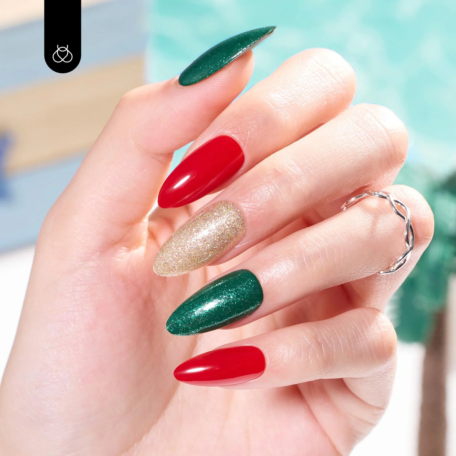 Beetles Christmas Press on Nails 15 Sizes - 30 Fake Nails Kit Red Green Press on Nails - Image 3