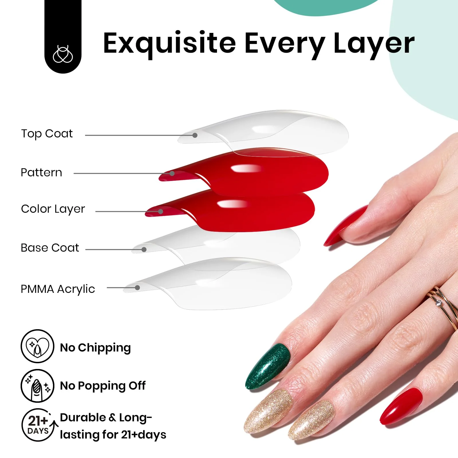 Beetles Christmas Press on Nails 15 Sizes - 30 Fake Nails Kit Red Green Press on Nails - Image 5