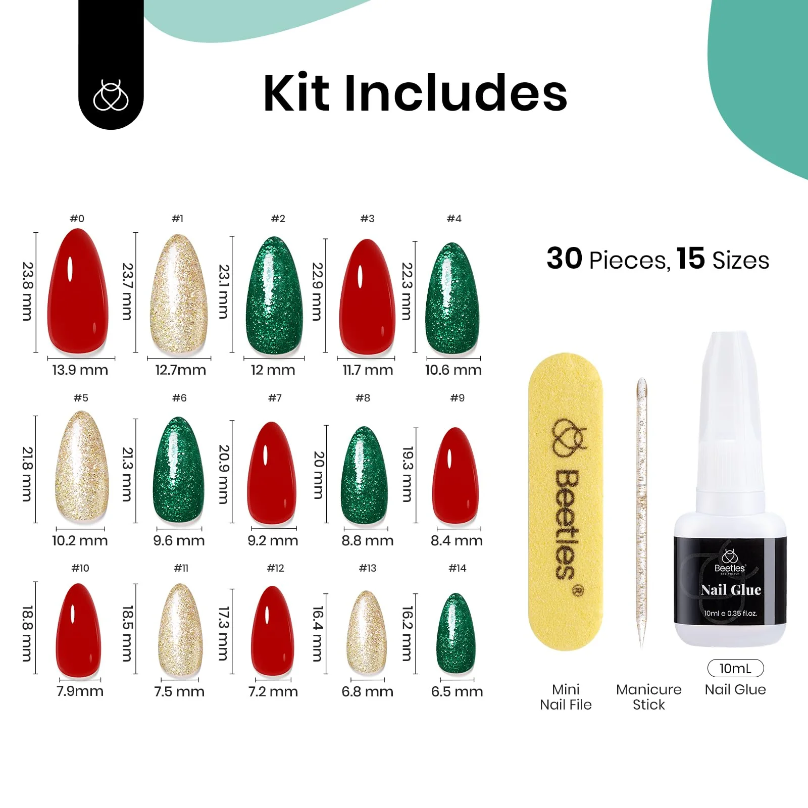 Beetles Christmas Press on Nails 15 Sizes - 30 Fake Nails Kit Red Green Press on Nails - Image 6