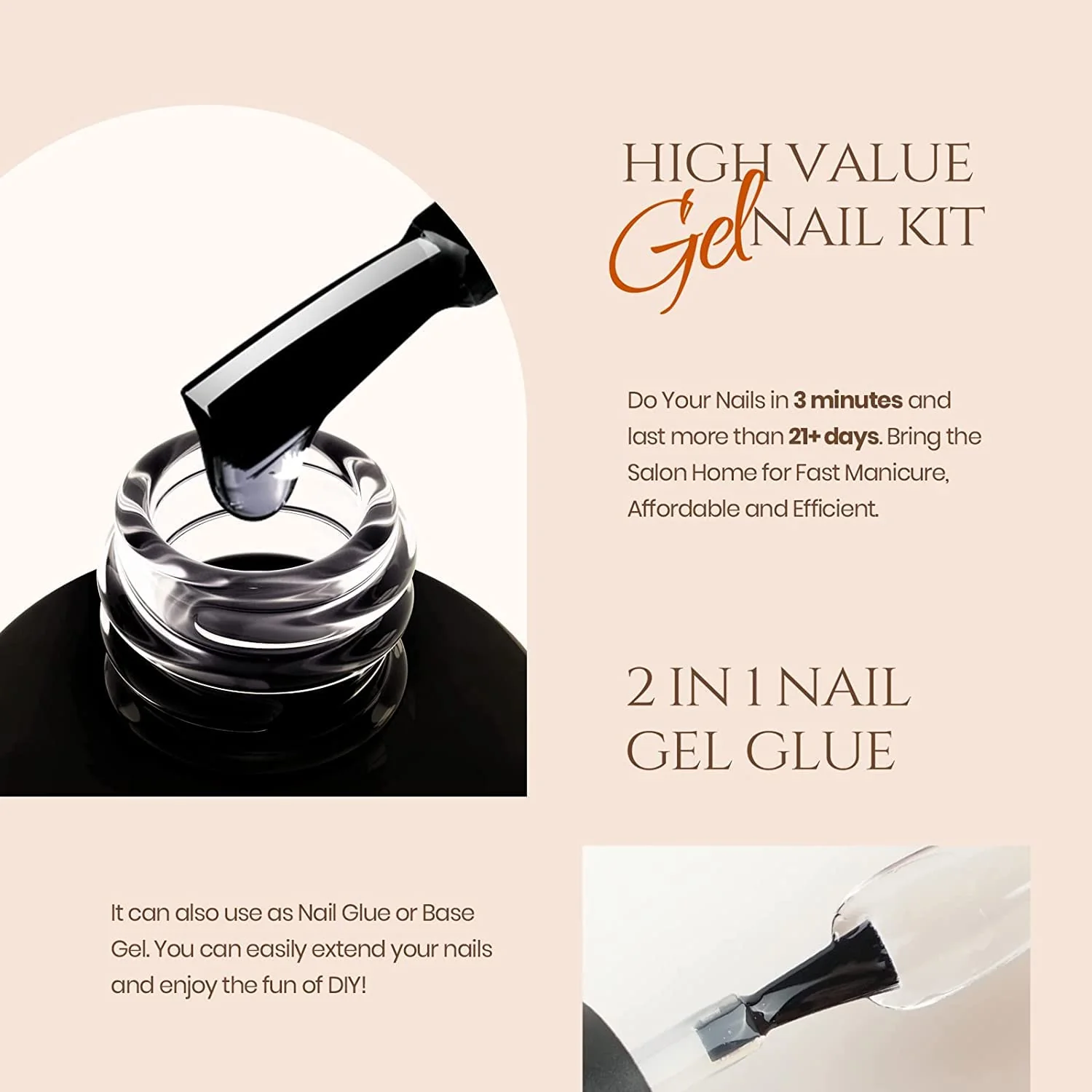 Beetles Easy Gel Tips Nail Extension Kit 2 In 1 Nail Glue Gel Base Coat with Pre-shaped Medium Square Nails - Image 3