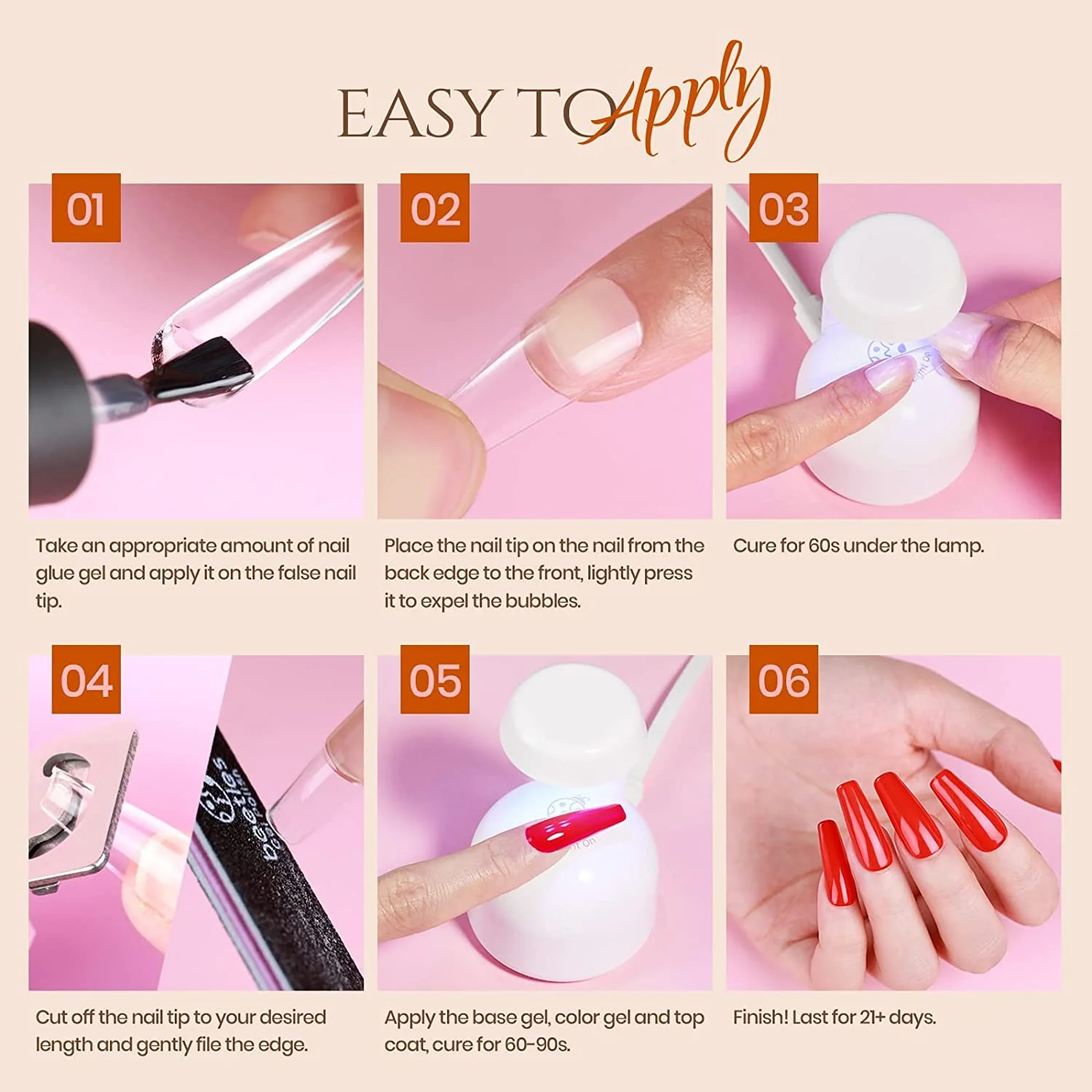 Beetles Easy Gel Tips Nail Extension Kit 2 In 1 Nail Glue Gel Base Coat with Pre-shaped Medium Square Nails - Image 7