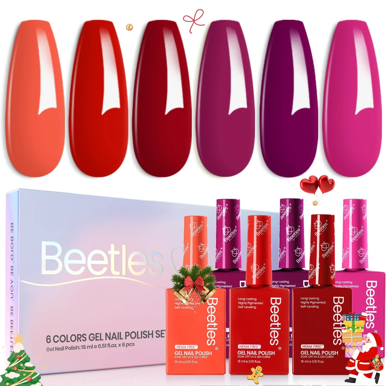 Beetles Gel Polish Fiery Passion - 15ML 6 Colors Shimmer Burgundy Gel Polish Kit
