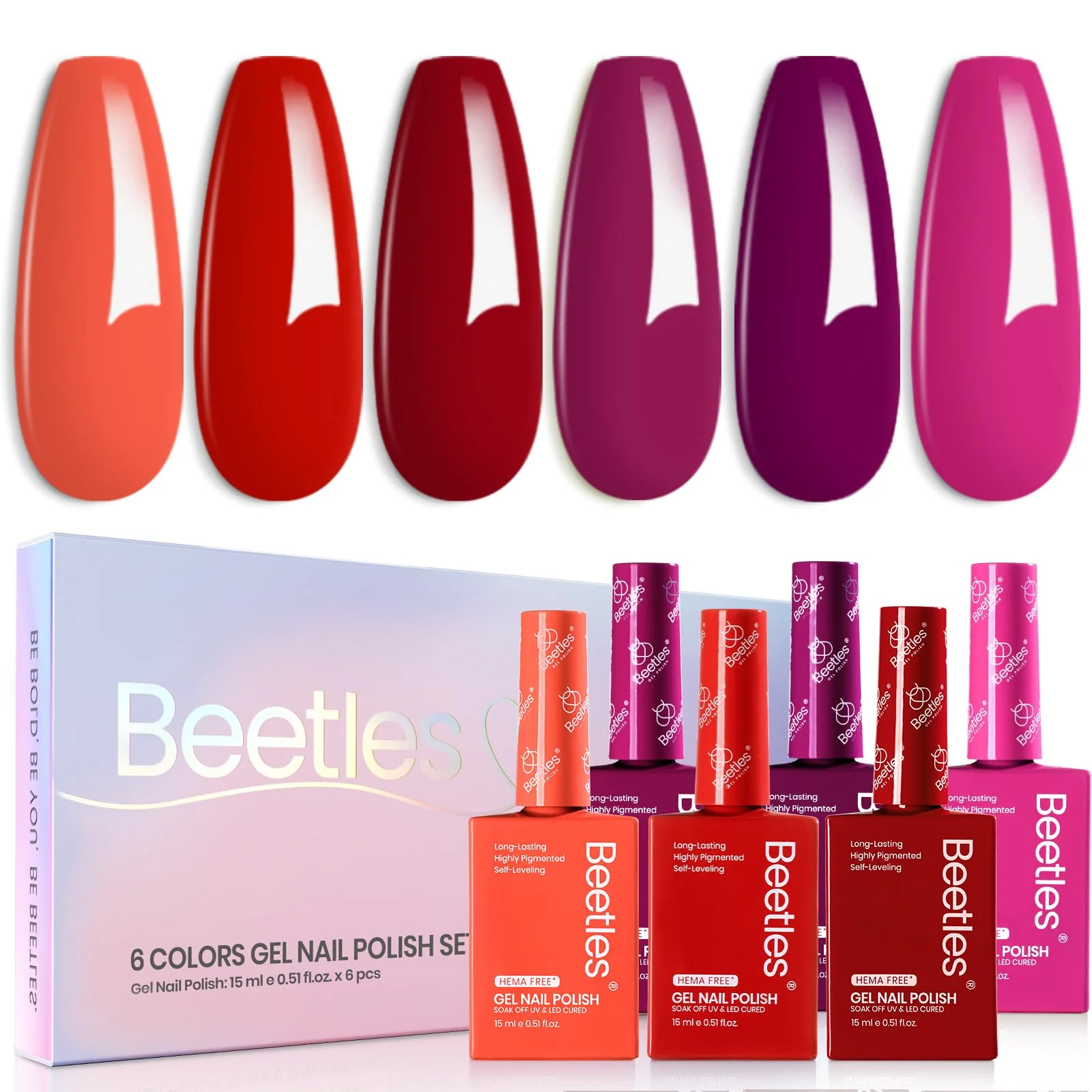 Beetles Gel Polish Fiery Passion - 15ML 6 Colors Shimmer Burgundy Gel Polish Kit - Image 7