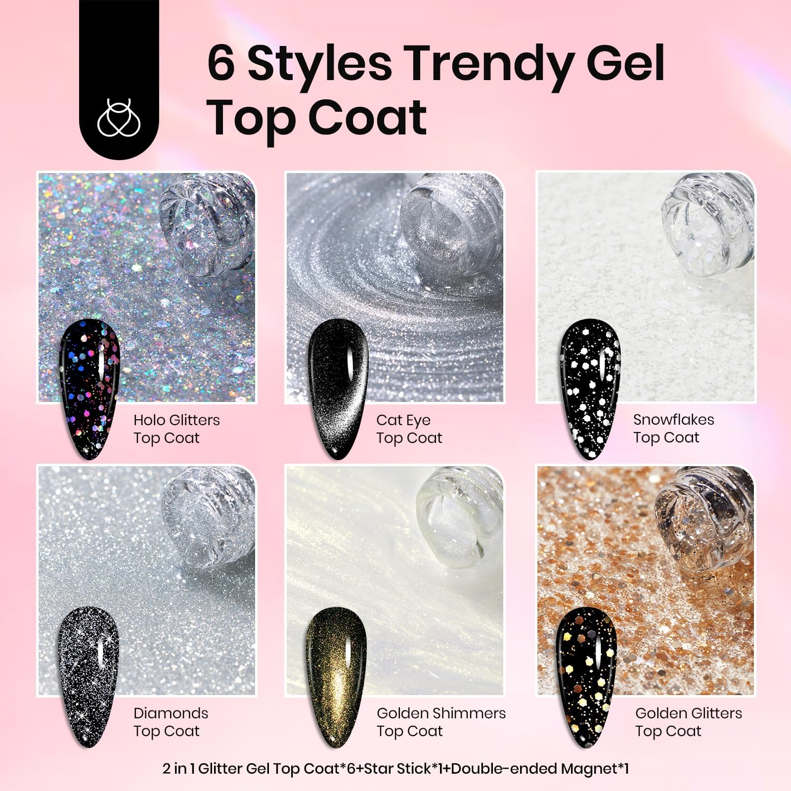 Limited Gift Box 8 Pcs Sparkly Glitter Gel Top Coat Set (Each 10ml) - Image 3