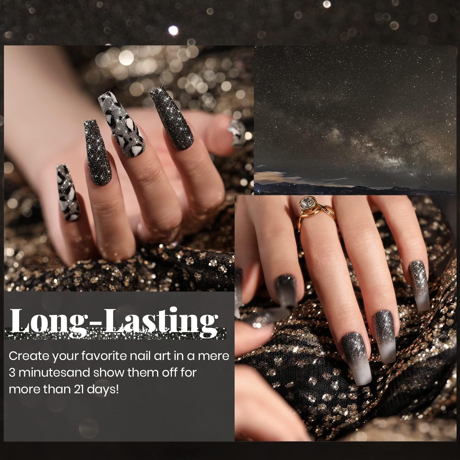 Shooting Stars Winter Nails |15ml Gel Polish Black Sparkle Reflective Shimmer Nail - Image 5